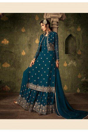 Blue georgette embroidered sharara suit with jacket  70005